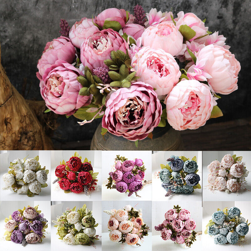 13-Heads Artificial Peony , UV  Fake Plants for Wedding Home Decoration, Indoor Outdoor Hanging Planter, DIY Floral Centerpieces and Home Garden Decor