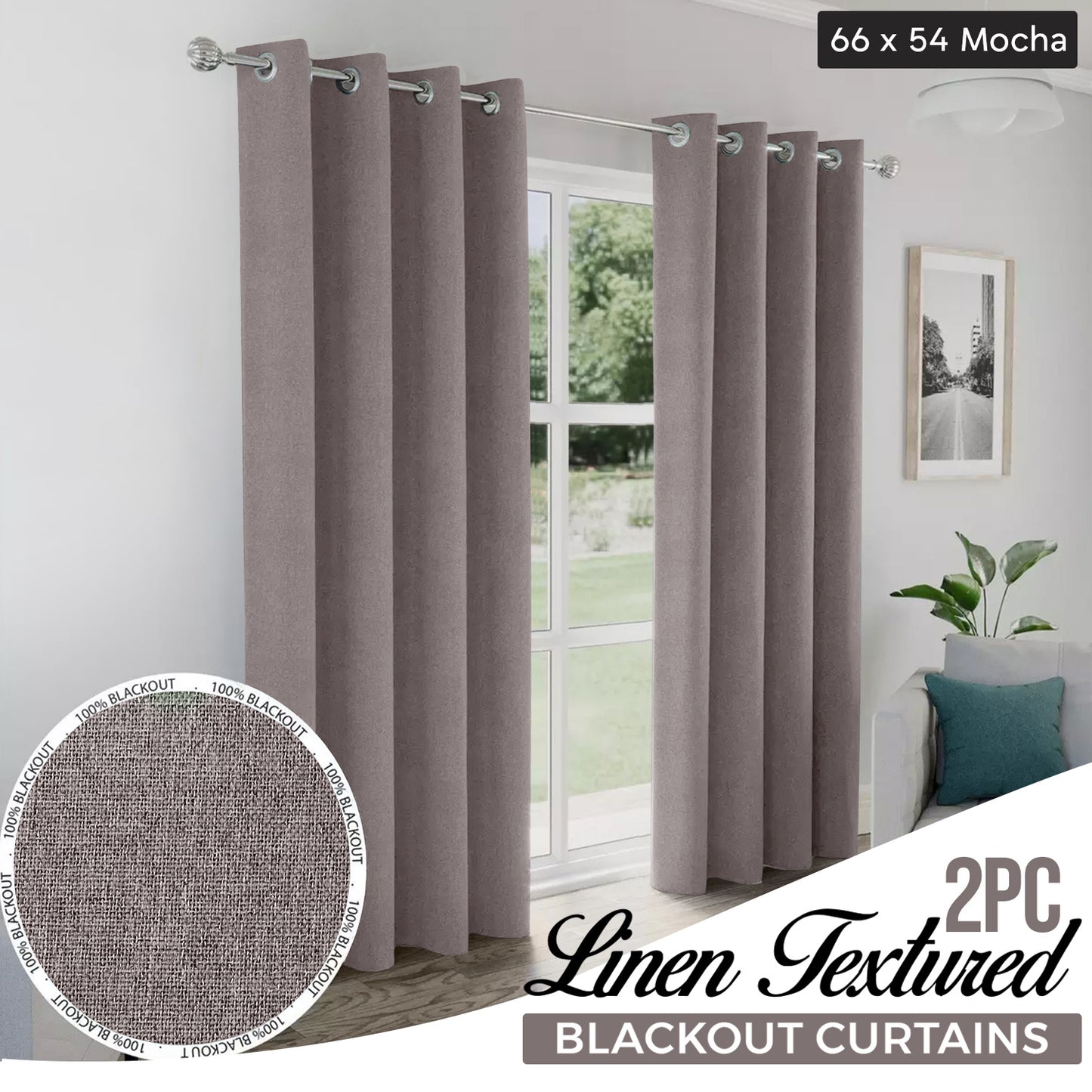 2pcs Linen Textured Blackout Curtains – Linen-Look Coated Thick Fabric Grommet Top Drapes for Bedroom & Living Room, Noise Reducing Energy Saving Window Panels for Home Decor 135GSM