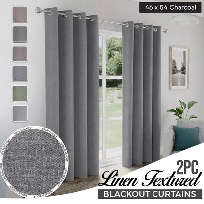 2pcs Linen Textured Blackout Curtains – Linen-Look Coated Thick Fabric Grommet Top Drapes for Bedroom & Living Room, Noise Reducing Energy Saving Window Panels for Home Decor 135GSM