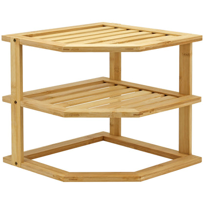 Bamboo Cabinet Shelf Organiser - 3 Tier Corner Shelf for Kitchen & Bathroom Countertop Cabinet Organiser Plate Rack Tidy Cupboard Shelf Insert Storage Organisation