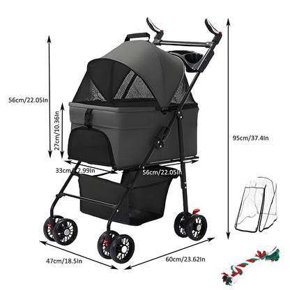 Lightweight Foldable Pet Stroller for Cats & Small Dogs - All-Terrain Oxford Fabric Carrier with Ventilation Mesh, Ergonomic Handlebar & Storage Basket - Portable Travel Stroller for Vet Visits, Shopping, Outdoor Walks, Mesh Canopy Visibility, Ventilated