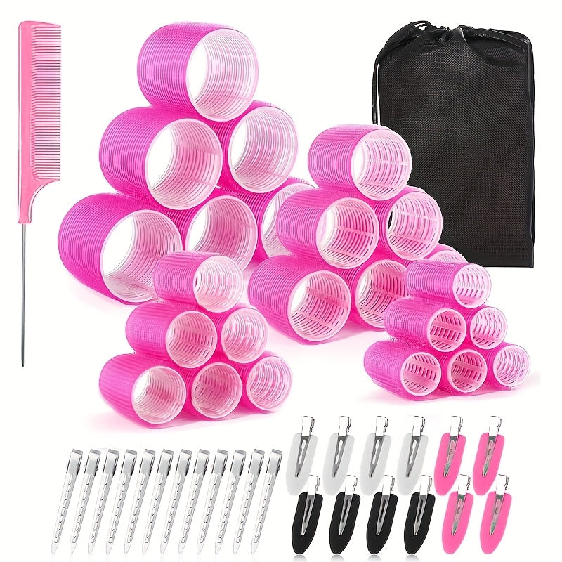 Curling Iron Set of 50pcs, Self-Gripping, No-Heat Curling Rods Suitable for Long Hair And Medium-Short Hair, Includes Hair Clips, a Tail Comb, Air Bangs, Lazy Curling, Hairstyles for Beauty Salons