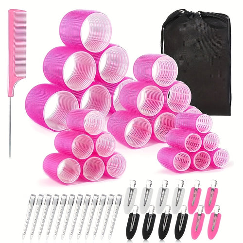 Curling Iron Set of 50pcs, Self-Gripping, No-Heat Curling Rods Suitable for Long Hair And Medium-Short Hair, Includes Hair Clips, a Tail Comb, Air Bangs, Lazy Curling, Hairstyles for Beauty Salons