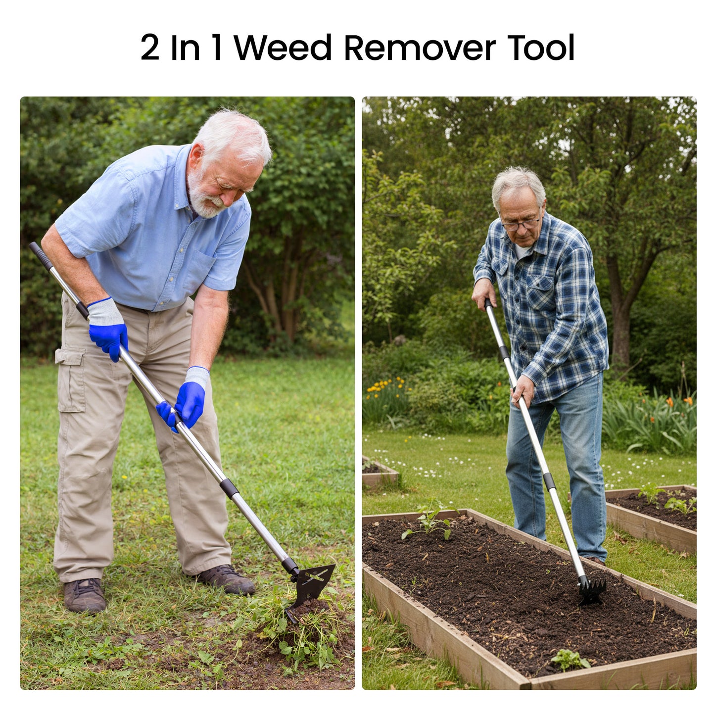 2-in-1 Weed Remover Tool with Telescopic Handle 42–150cm Stand Up Weeder Hoe Cultivator Rake Long Handle Garden Weeding Tool for Lawns, Borders, Raised Beds, Veg Patches