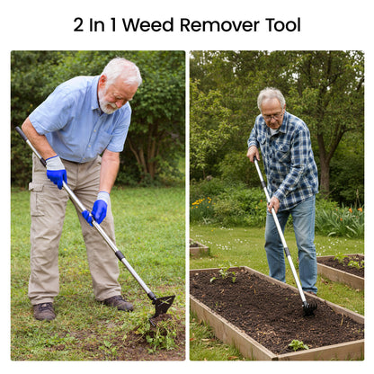 2-in-1 Weed Remover Tool with Telescopic Handle 42–150cm Stand Up Weeder Hoe Cultivator Rake Long Handle Garden Weeding Tool for Lawns, Borders, Raised Beds, Veg Patches