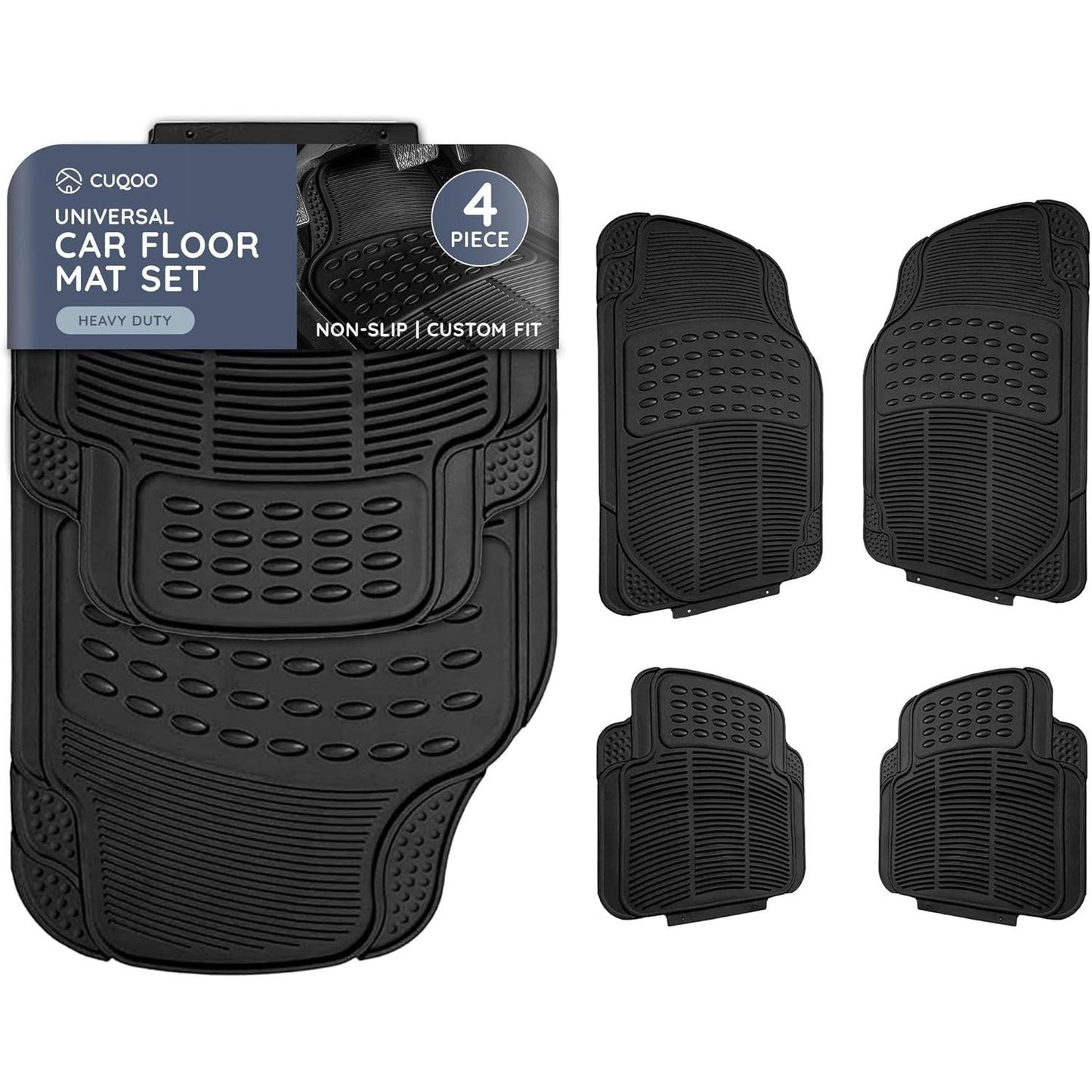 CUQOO 4pcs Universal Rubber Car Mats - Heavy Duty, Non-Slip All Weather Mats for Cars, SUVs, Trucks & Vans, Waterproof, Easy to Clean, with Deep Grooved Design for Extra Durability
