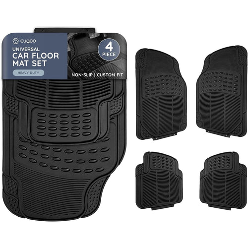 CUQOO 4pcs Universal Rubber Car Mats - Heavy Duty, Non-Slip All Weather Mats for Cars, SUVs, Trucks & Vans, Waterproof, Easy to Clean, with Deep Grooved Design for Extra Durability