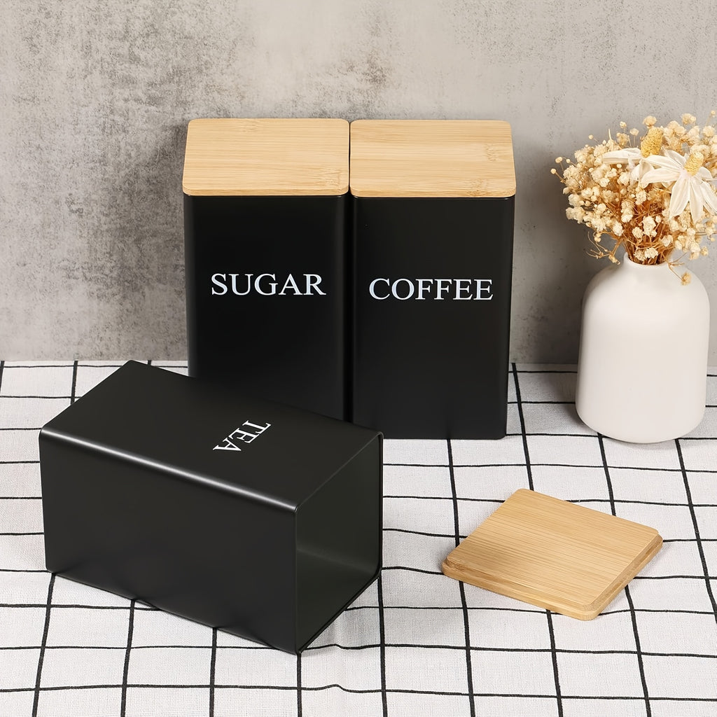Tea Coffee Sugar Canister Set 3 Piece – Black Metal Kitchen Storage Jars with Airtight Bamboo Lids, 1400ml Each, Stylish Countertop Containers for Coffee, Tea & Sugar Storage