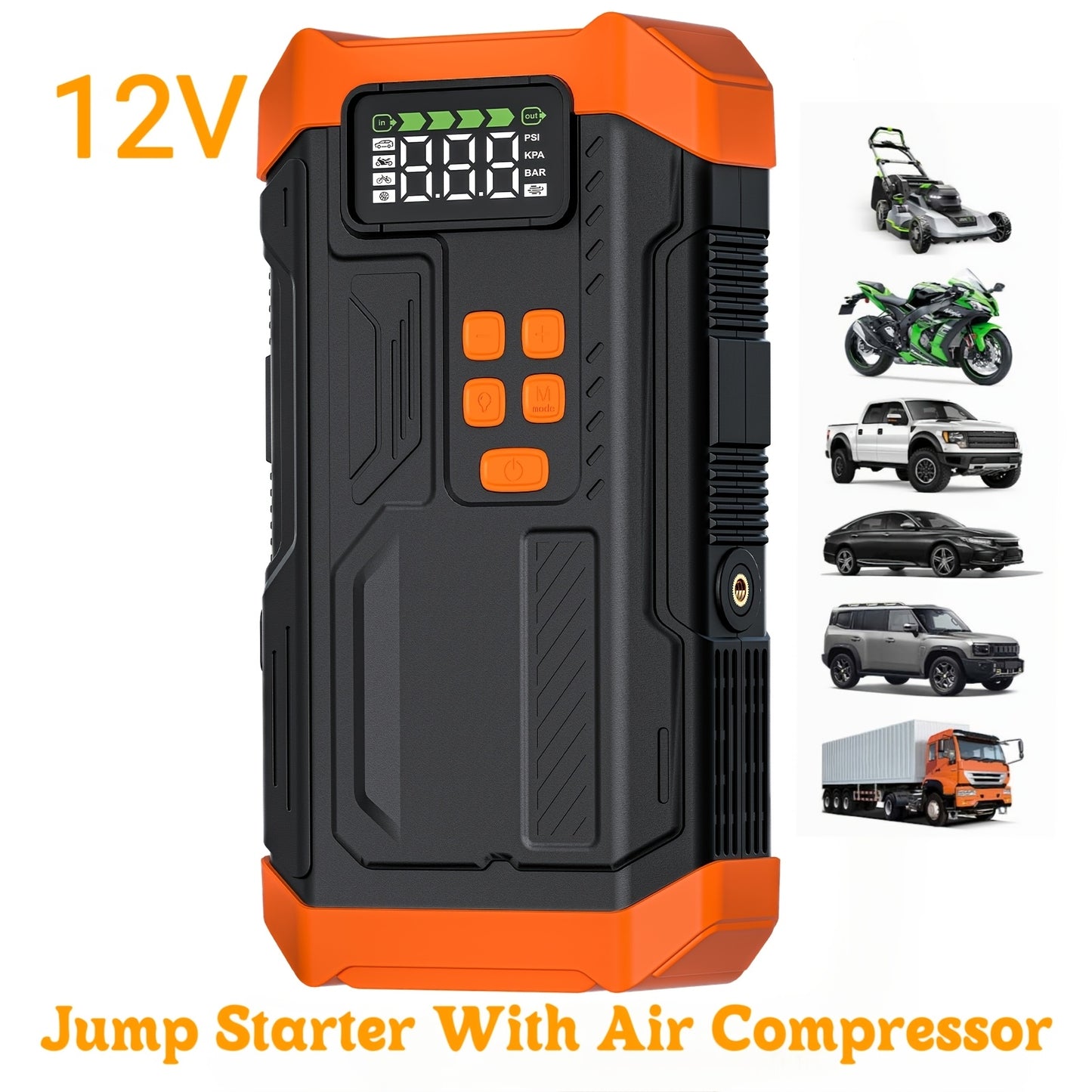 HPBS 5000A Peak Portable Car Jump Starter with Air Compressor - 12V 9.0L Gas/8.0L Diesel Fast Charge, Digital Display, LED Emergency Light, Power Bank & 4 Nozzles for Cars, Trucks, SUVs, Motorcycles, Inflatable Items - Compact Rechargeable Lithium-Polymer