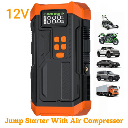 HPBS 5000A Peak Portable Car Jump Starter with Air Compressor - 12V 9.0L Gas/8.0L Diesel Fast Charge, Digital Display, LED Emergency Light, Power Bank & 4 Nozzles for Cars, Trucks, SUVs, Motorcycles, Inflatable Items - Compact Rechargeable Lithium-Polymer