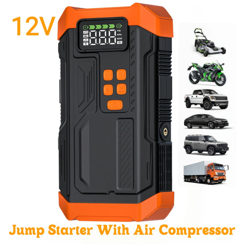 HPBS 5000A Peak Portable Car Jump Starter with Air Compressor - 12V 9.0L Gas/8.0L Diesel Fast Charge, Digital Display, LED Emergency Light, Power Bank & 4 Nozzles for Cars, Trucks, SUVs, Motorcycles, Inflatable Items - Compact Rechargeable Lithium-Polymer