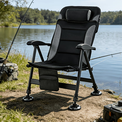 Portable Outdoor Fishing Chair, Thickened Aluminum Frame, 4-Level Adjustable Backrest, Telescopic Big Foot Legs, Breathable Mesh Detachable Cushion, Front And Rear Storage Bags with Tool Bag