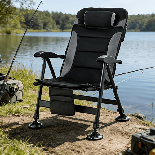 Portable Outdoor Fishing Chair, Thickened Aluminum Frame, 4-Level Adjustable Backrest, Telescopic Big Foot Legs, Breathable Mesh Detachable Cushion, Front And Rear Storage Bags with Tool Bag