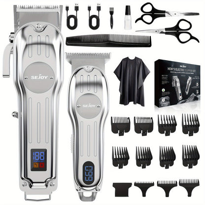 SEJOY Cordless Hair Clippers for Men Professional T-Blade Trimmer Kit – LED Display 4500-7000RPM – Barber Grooming Set Silver Blue Gold