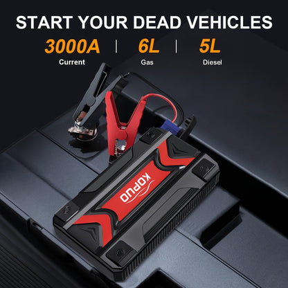 KOPUO 3000A/5000A Car Jump Starter (9L Gasoline/8L Diesel) Portable Car Jump Starter, 12V Car Battery Jumper Starter with Safety Jumper Cables, Fast Charging Car Battery Booster Jump Starter, Lights, Compact, Camping Essentials