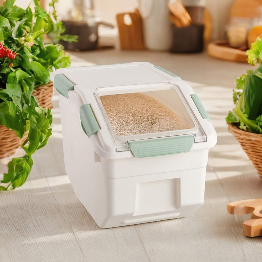 10kg Airtight Pet Food Storage Bin with Scoop & Wheels – Large PP Dog Cat Dry Food Container with Inclined Opening for Rice, Grain & Kibble, Green