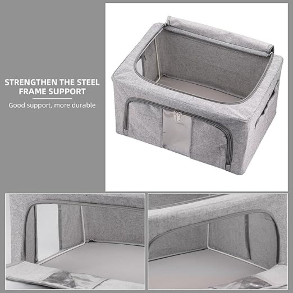66L Foldable Storage Box with Clear Windows - Extra Thick Cotton Linen Fabric Organizer Bins | Space-Saving Stackable Design for Clothes, Blankets & Bedding Storage (Zipper Closure, Wardrobe Essential)