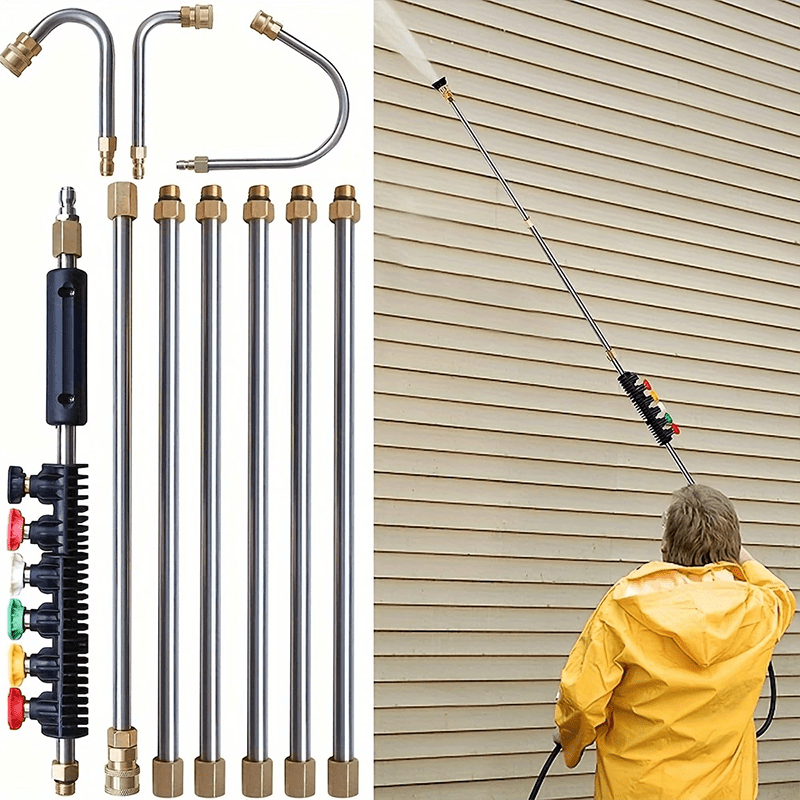 10pcs Stainless Steel Pressure Washer Extension Pole Set- Pressure Washer Extension Pole - 4000 PSI- 1/4In Quick Connect, 6 Nozzle Heads, 30?/90?/120? Elbow Pole for Roofs, Gutters, Ditches, Exterior Walls, Can Be Used to Clean Your Car