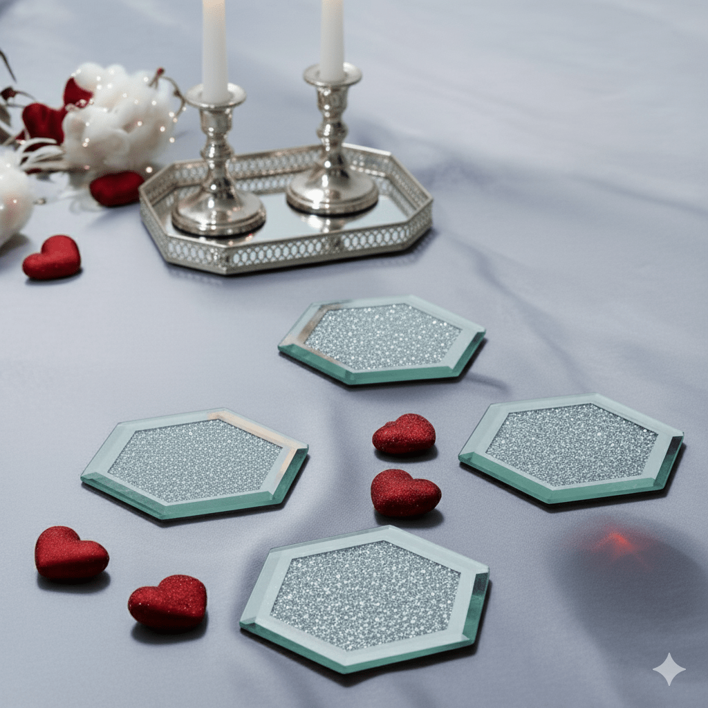 SERENA'S ® Set of 4 Hexagon Crystal Coasters – 10cm Glass Mirrored Drink Coasters with Glitter Crushed Diamond Design – Elegant Coasters for Home, Kitchen, Bar, or Table Decoration