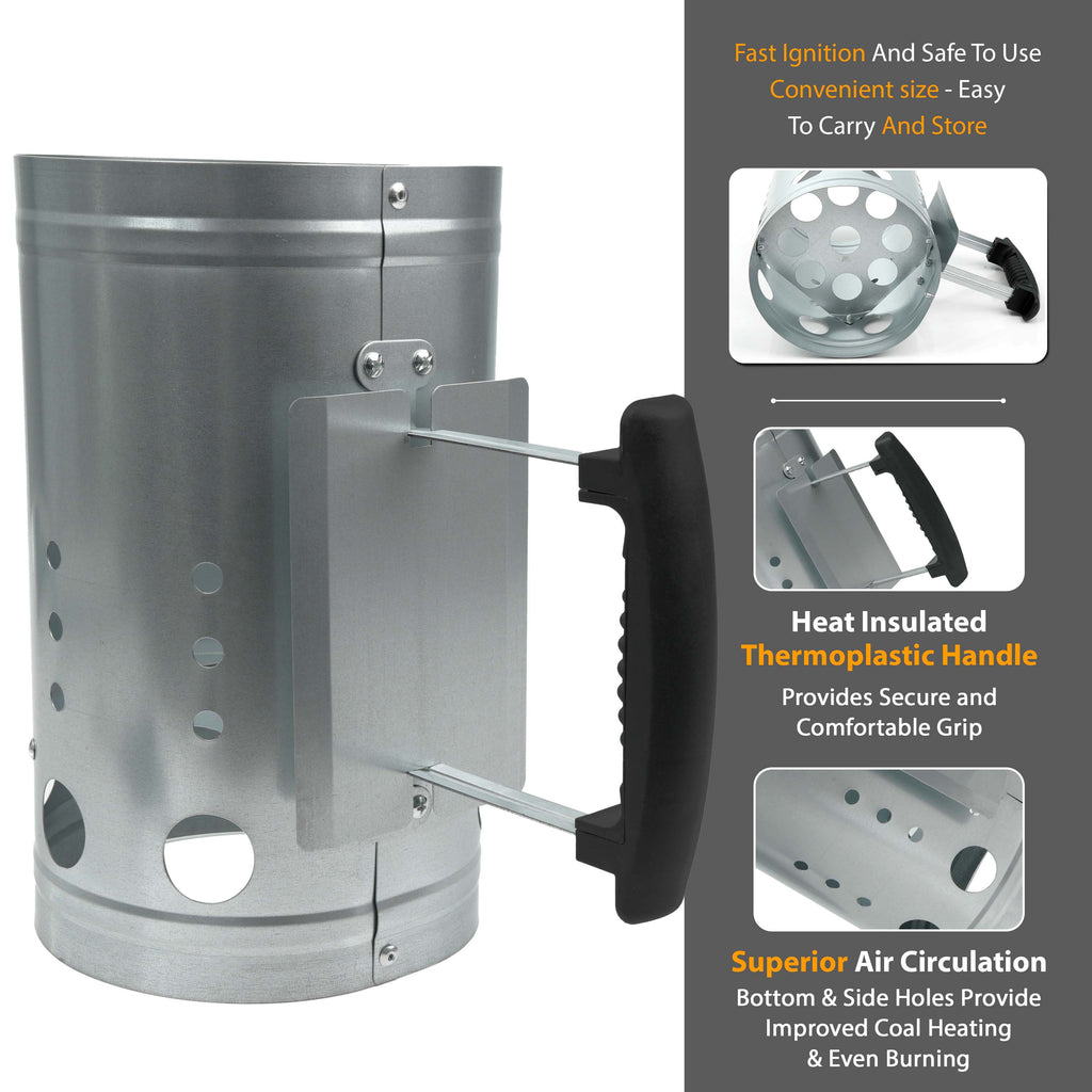 Galvanised Steel BBQ Chimney Starter - Shielded Handle