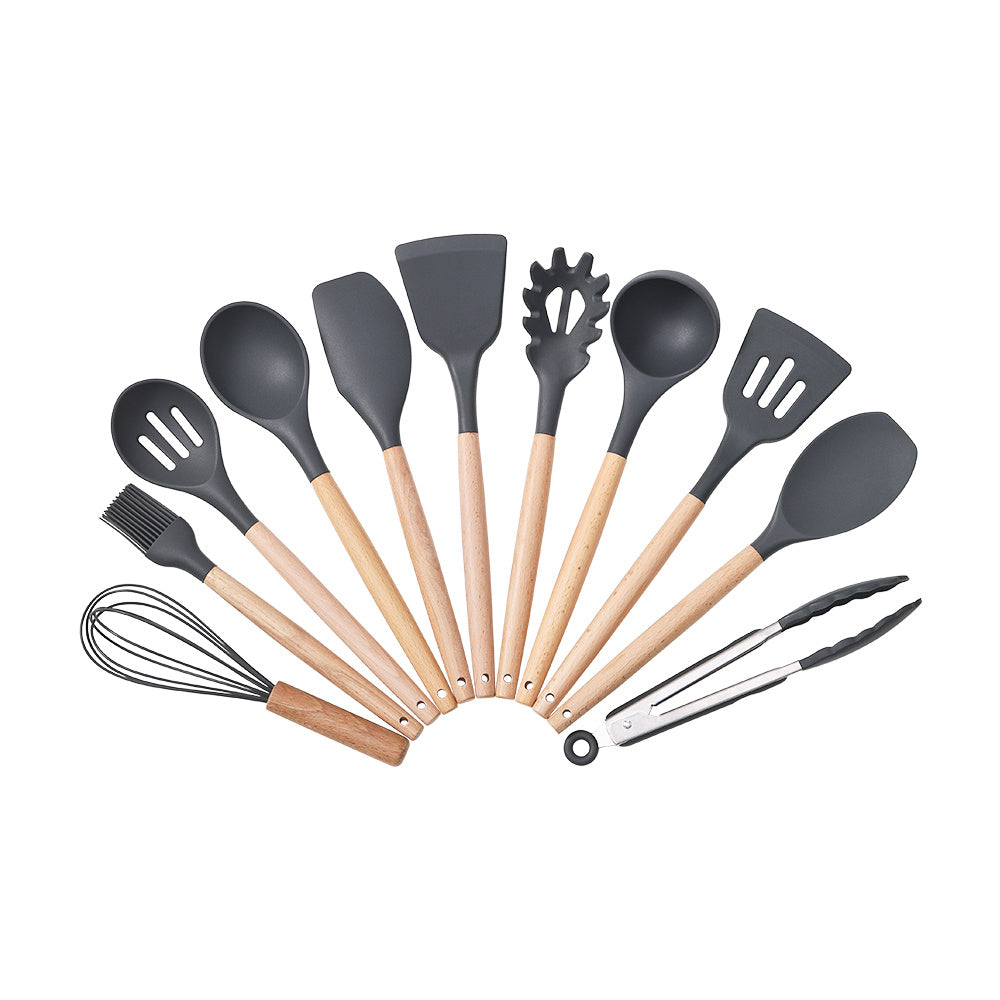 Kitchen Utensil Set, 11pcs Silicone Cooking Utensils Set With Wooden Handle, Nonstick Cookware Tongs Spatula Spoon Set, Best Kitchen Tools, Valentine'S Day Gifts Black, Holiday Gift Guide