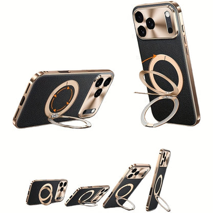 Phone Case - High-Quality Togo Real Leather Phone Case with Electroplating for Iphone 17, 16, And 15 Pro Max, Featuring Wireless Charging And a Magnetic Stand