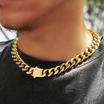 Hip Hop Stainless Steel Encrypted Four-sided Grinding 8.10.12mm Cuban Necklace Spring Buckle Titanium Stainless Steel Hip Hop Necklace for Men. 18K Golden Plated Plated 18K Golden Plated Real 18K Golden Plated Hip Hop Jewelry