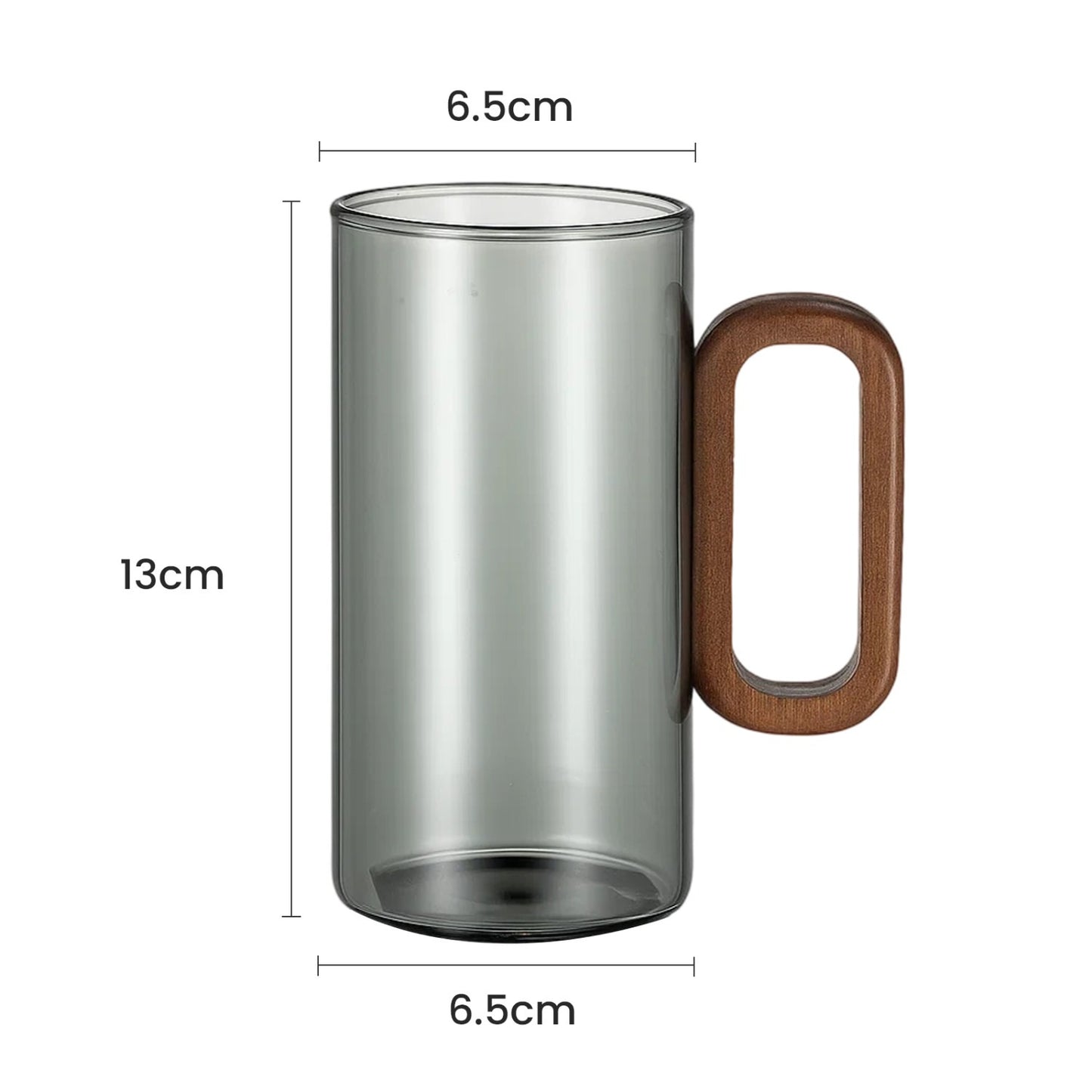 6pcs Glass Water Cups with Wooden Handle, 360mL Smoky Blue Drinking Glasses for Tea, Coffee & Cold Beverages, Modern Household Living Room Cups