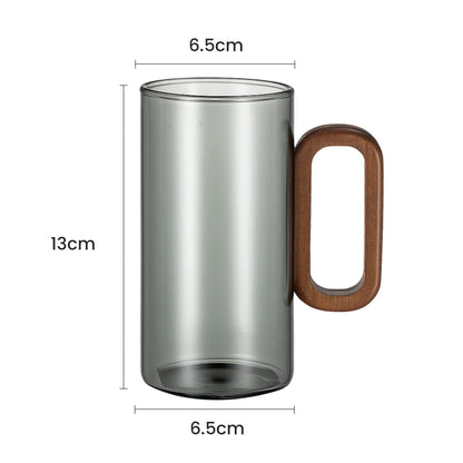 6pcs Glass Water Cups with Wooden Handle, 360mL Smoky Blue Drinking Glasses for Tea, Coffee & Cold Beverages, Modern Household Living Room Cups