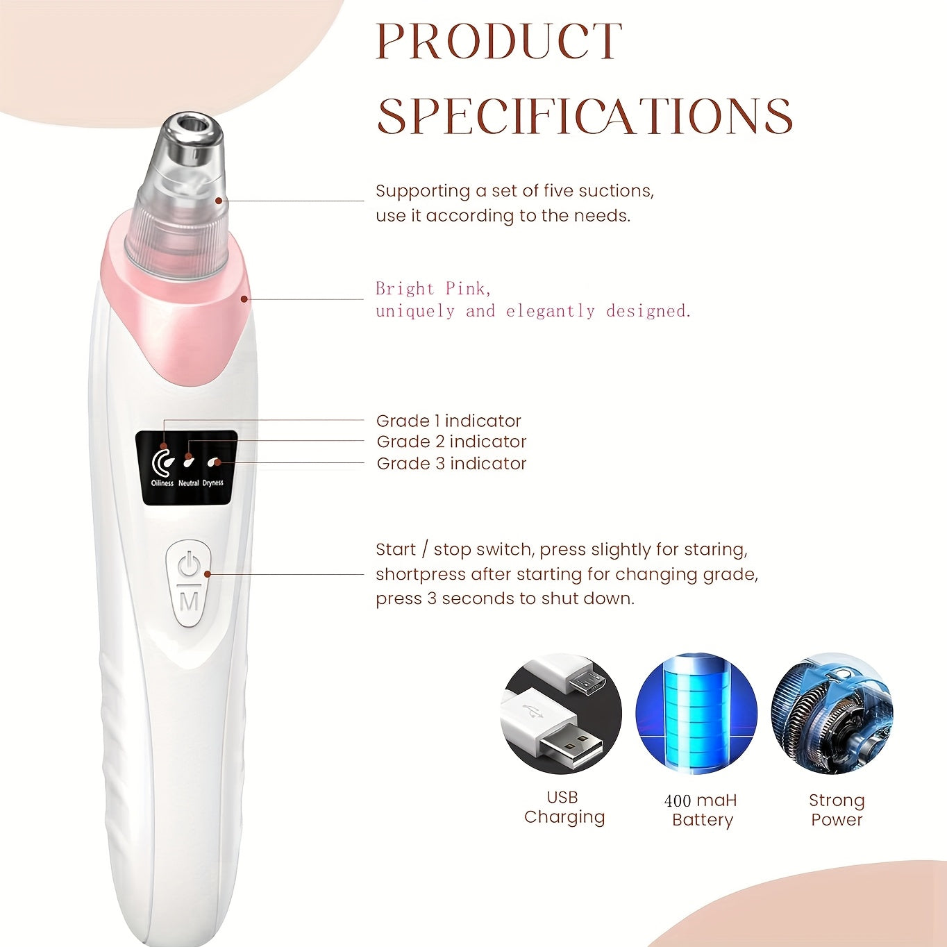 Blackhead Remover, USB Rechargeable Facial Skin Cleansing Beauty Device, with 5 Replacement Heads, Skin Care Tool Kit