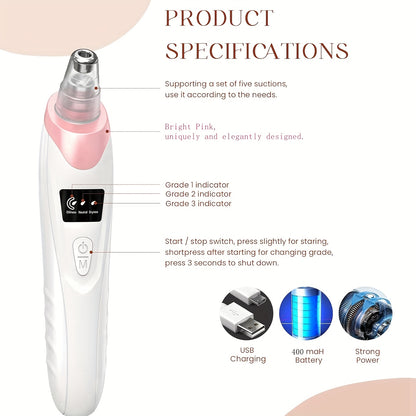Blackhead Remover, USB Rechargeable Facial Skin Cleansing Beauty Device, with 5 Replacement Heads, Skin Care Tool Kit