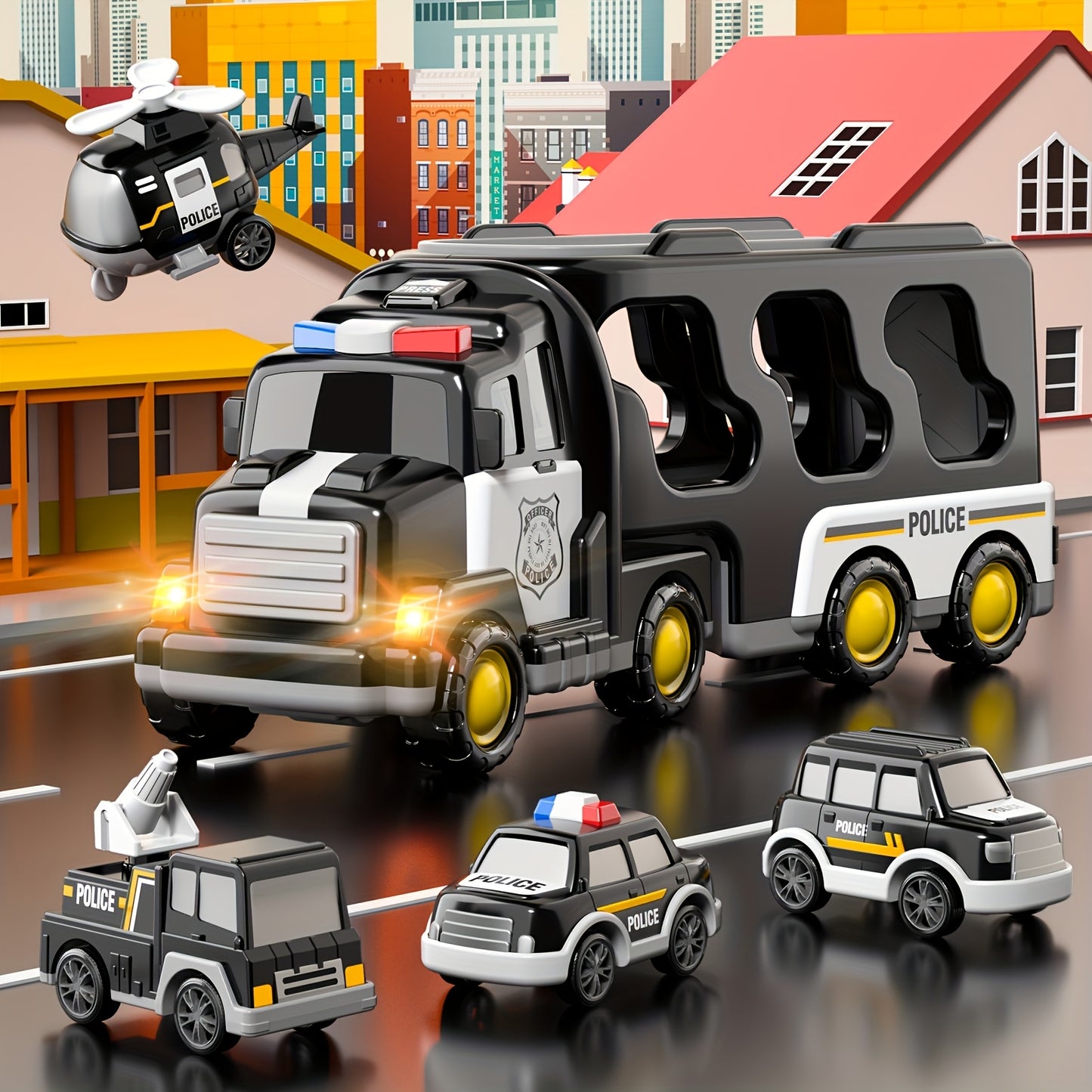 Construction Truck Toys for 3 4 5 Boys, 5-In-1 Kids Carrier Construction Trucks Cars for Boy Toys Birthday, Car Trucks Friction Power Toys with Light And Sound