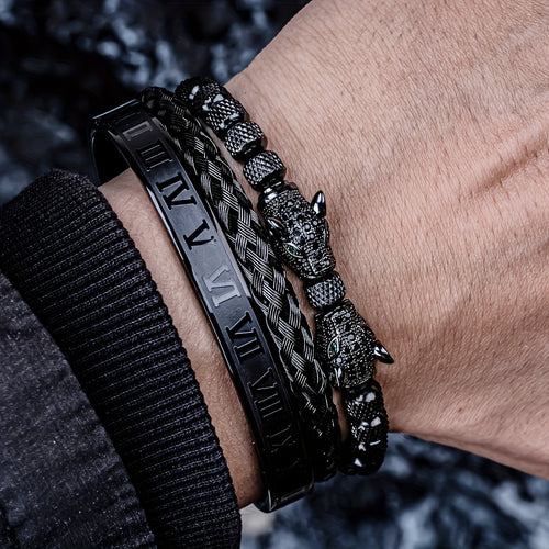 Luxury Leopard Head Men's Bracelet 304 Stainless Steel Bead Bracelet Banlge Adjustable Size Men's Jewelry Gift, Best for Christmas