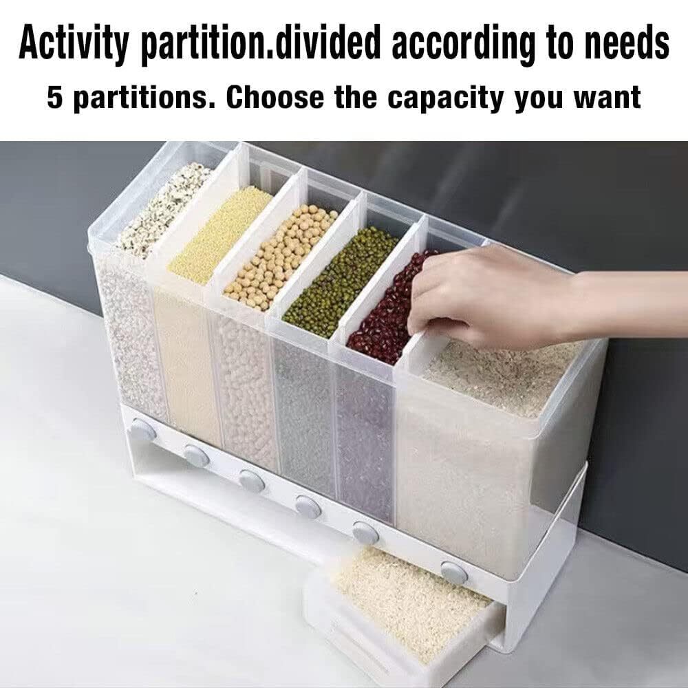 6 in1 Cereal Dispenser Dry Food Dispenser Storage Container Wall Mount Cereal Grain Rice Dispenser 6 Grid Rice Dispenser Food Bucket for Kitchen Home