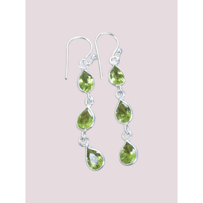 925 Sterling Silver Natural Gemstone 3 stone long Earring, Bezel Set Birthstone Ring, Perfect gift