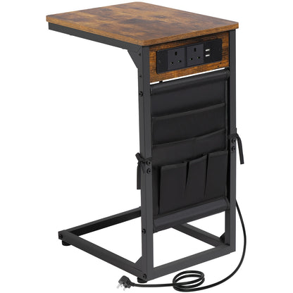 1pc/2pcs C-Shape Side Table with Charging Station, Bedside Table with Storage Bag, Coffee Table with Metal Frame for Living Room, Bedroom, Office