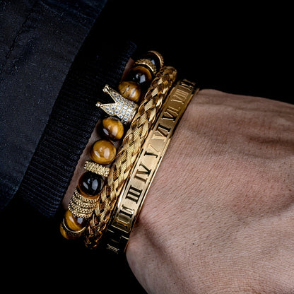 Men's Adjustable Bracelet - Casual Style, Stainless Steel with Gun Black Plating & Synthetic Zirconia - All Season Wear | Roman Crown Charm Design | Ideal for Daily Wear & Gifting