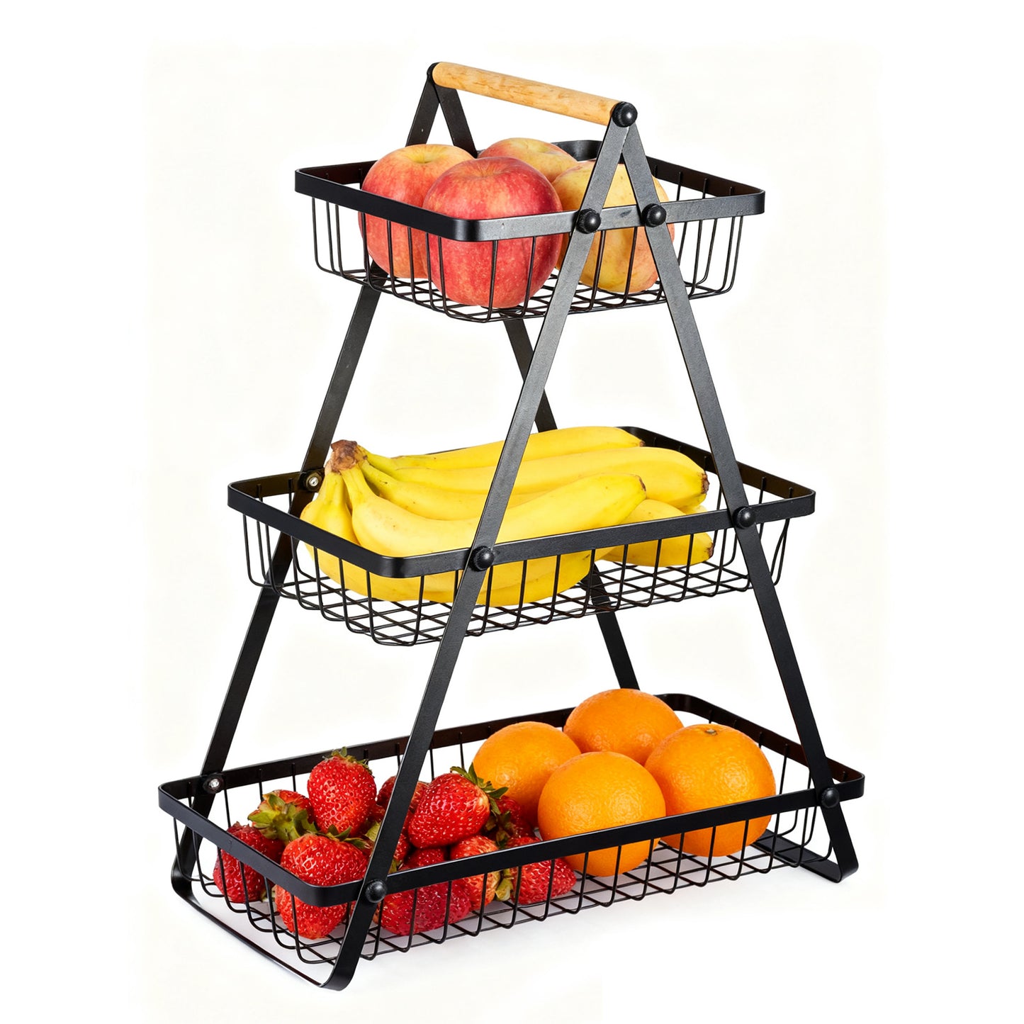 Detachable 2 Tier Fruit Basket Metal Fruit Bowl Holder with Wooden Handle for Vegetables Snacks Bread Kitchen Office Storage Organizer Rack
