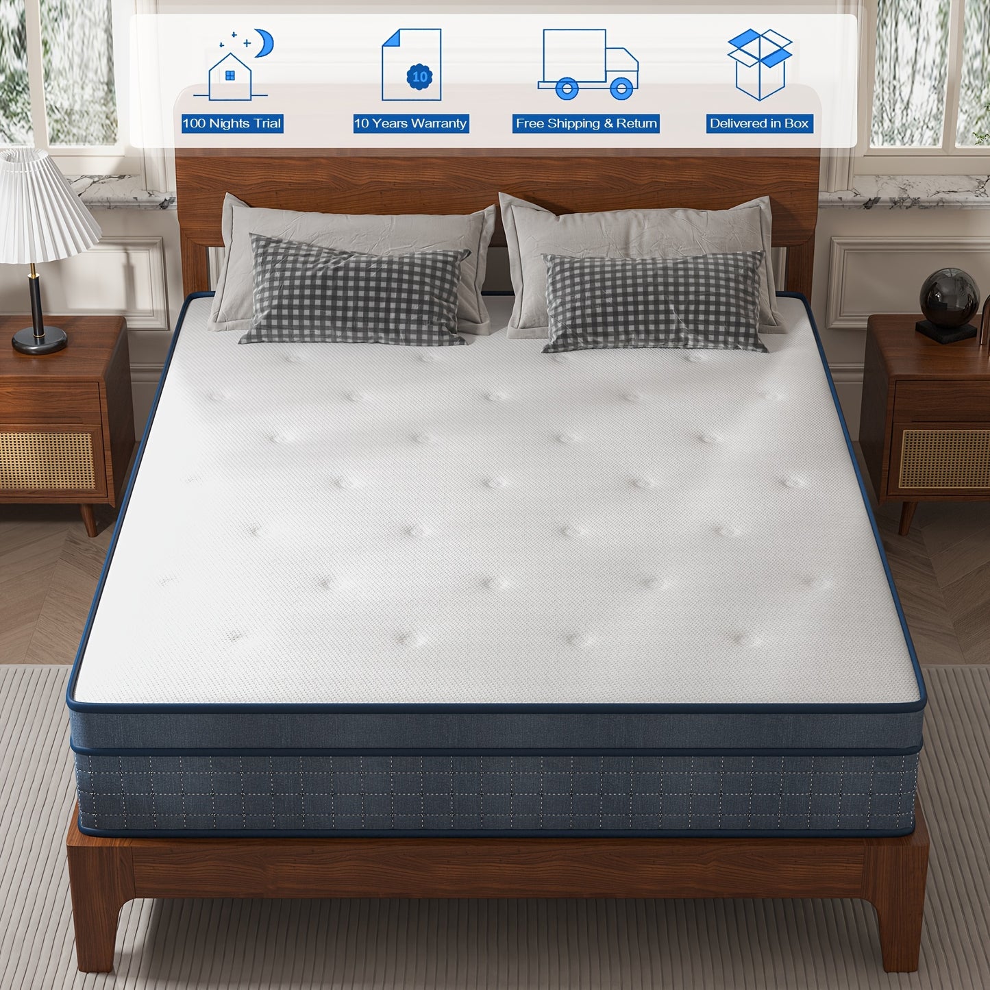 Single/Small Double/Double/King Pocket Spring Mattresses, 26Cm/10.23Inch Medium Firm Memory Foam Mattress with 7 Layers. Pressure Relief And Motion Isolation - Blue White