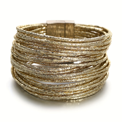 1pc Slim Stripes Wide Multilayer Wrap Bracelet Metallic Shiny Glitter Artificial Leather Cuff with Magnetic Clasp Jewelry for Men Women Holiday Party Birthday Gifts