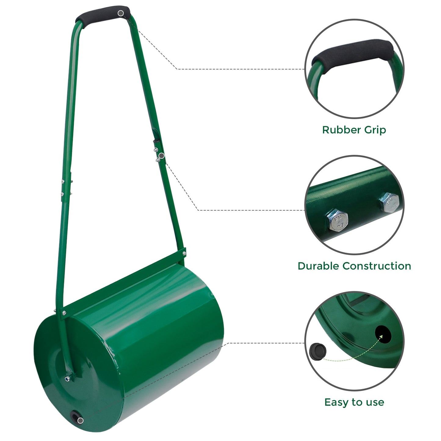 Heavy Duty Garden Grass Lawn Roller - Large Water or Sand Filled Drum, Galvanized Steel Construction, Scraper Bar & Collapsible Handle for Levelling Uneven Ground - Green