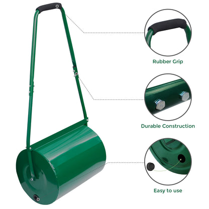 Heavy Duty Garden Grass Lawn Roller - Large Water or Sand Filled Drum, Galvanized Steel Construction, Scraper Bar & Collapsible Handle for Levelling Uneven Ground - Green