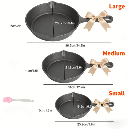 3pcs Cast Iron Cooking Set - with Oil Brush, Multi-functional Cookware - Suitable for Indoor And Outdoor Use. The Outdoor Cooking Pan Can Be Used As A Heavy-duty Professional Restaurant Chef's Frying Pan Or Egg Pan