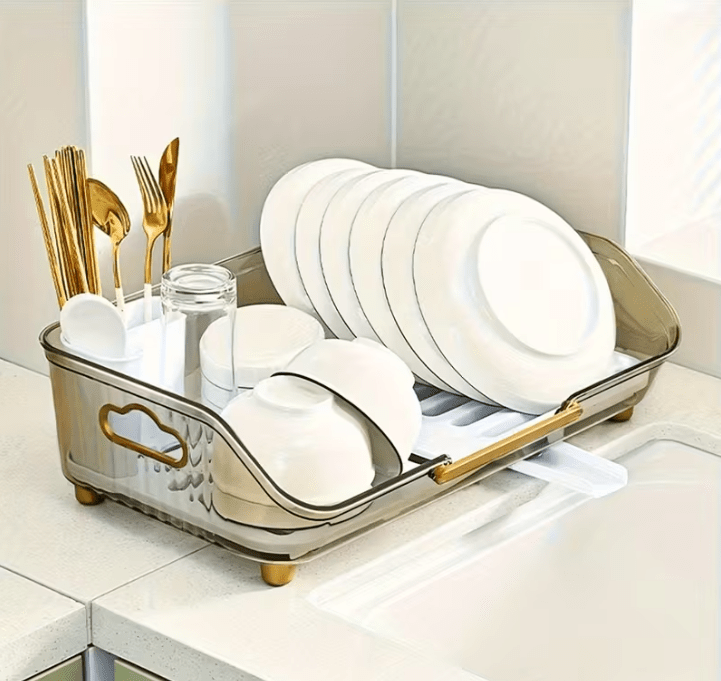 1pc Dish Drying Rack with Handle & Drainboard - Space-Saving Compact Design with Utensil Holder, Durable Plastic Construction, Easy to Clean & Move - Over Sink or Countertop Use for Small Kitchens, Apartments, RVs - Modern White & Golden Kitchen Organizer