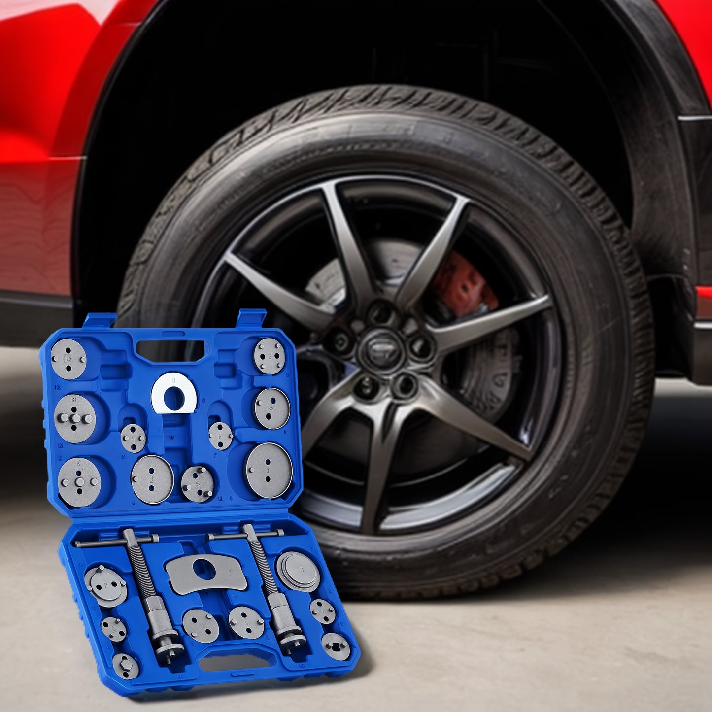 24pcs Robust Disc Brake Caliper Tool Kit, Including a Caliper Compressor, Wind Back Tool, And Brake Spreading Tools (In Blue), Without Battery