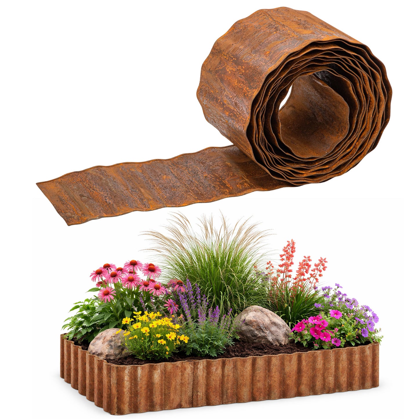 Heavy-Duty Weatherproof Steel Garden Trim Edging - Rustic Landscape Border with Safe Rounded Edges, Easy to Cut & Install - Pre-Rusted Corrugated Metal Fence for Flower Beds, Pathways, Patios - Available in Heights - Outdoor Yard Decoration, Pathway Divid