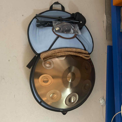 440Hz D minor Stainless Steel Handpan Drum or Sound Healing and Meditation 9-Tone Deep Golden with Carry Bag, Stand, 2 Hand Mallets, Music Note Stickers, Wiping Cloth