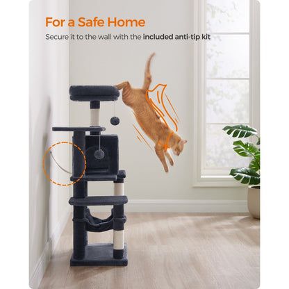 112cm Cat Tree Multi-Level Plush Tower Condo with 4 Scratching Posts, Hammock, Cave & Platforms – Stair-Step Design with Hanging Toys | Easy Assembly Indoor Cat Furniture | Pink White Beige Grey | UK