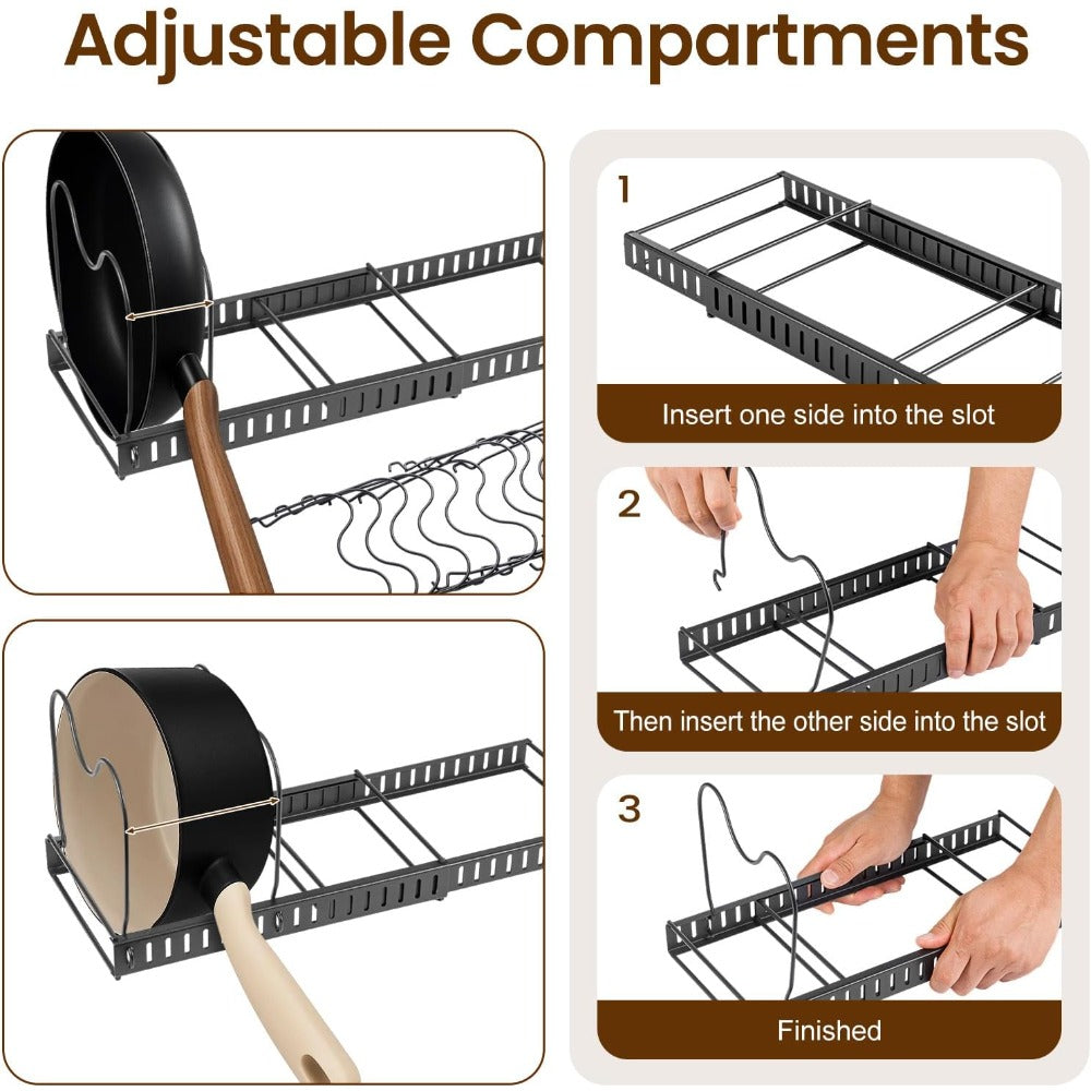1 Set Pot and Pan Organizer Rack with 10 Adjustable Dividers – Expandable Kitchen Cabinet Storage for Lids, Dishes, Cookware – Bakeware Rack for RV & Home