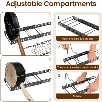 1 Set Pot and Pan Organizer Rack with 10 Adjustable Dividers – Expandable Kitchen Cabinet Storage for Lids, Dishes, Cookware – Bakeware Rack for RV & Home